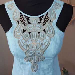 Lilly Pulitzer Gold Metallic Lace Breakwater Blue Jacquard Largo Shift Dres Sz 2